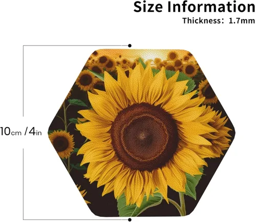 Vista 3 de Hermoso juego de 4 posavasos de cuero con estampado de girasol, impermeables, antiquemaduras, para sala de estar, mesa de café de 4 pulgadas Hexágono