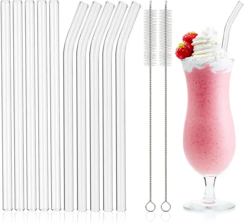 Vista 9 de 10 popotes Boba de vidrio reutilizables, 0.354 x 0.551 in de ancho, para té de burbujas, batidos, juego de 5 rectas y 5 dobladas con 2 cepillos