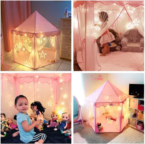 Vista 4 de Sumbababy - Tienda de campaña de castillo de princesa para niñas, tienda de campaña hexagonal, casa de juegos con grandes luces de estrella