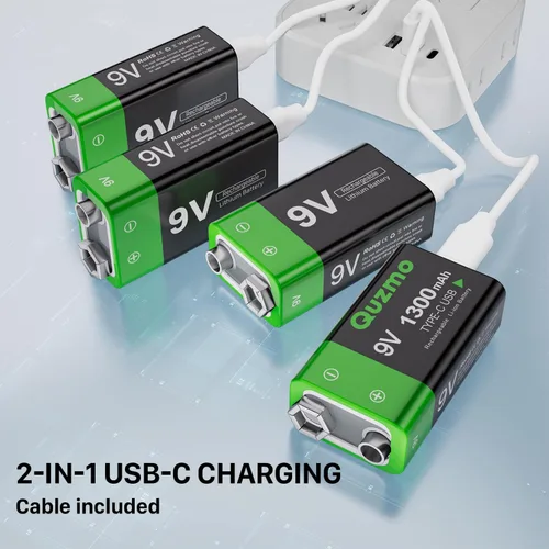 Vista 6 de Paquete de 2 baterías recargables de iones de litio de 9 voltios, 1300 mAh de larga duración, recarga USB-C con cable de carga 2 en 1 para alarmas