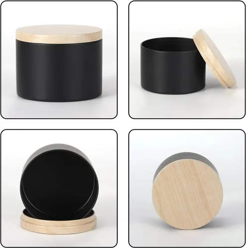 Vista 3 de SONVIIBOX 24 latas de velas de 8 onzas, latas negras con tapas de metal de grano de madera, tarros de vela para hacer velas a granel, tarros de vela