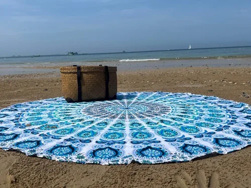 Vista 14 de raajsee Tapiz de Playa Redondo Turquesa Hippie/Boho Manta de Playa Mandala/Manta de Algodón Indio - Mantel Redondo/Decoración del Hogar/Alfombra