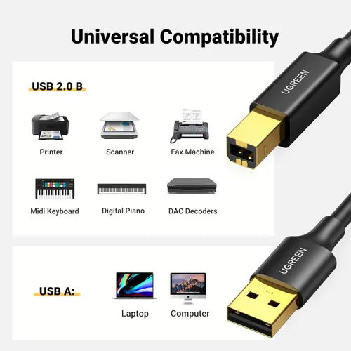 Vista 2 de UGREEN - Cable de impresora USB A a USB B de 5 pies - Alta velocidad para HP, Canon, Brother, Samsung, Dell, Epson, Lexmark, Xerox y más
