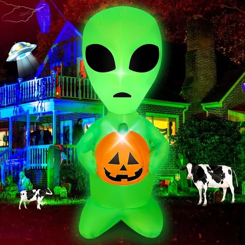 Alienígena inflable de Halloween de 4 pies con decoraciones de calabaza con iluminación LED para fiesta de Halloween, decoración de jardín interior
