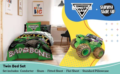 Vista 2 de Juego de ropa de cama Sunny Side Up Monster Jam para cama individual - Juego de 5 piezas para niños incluye edredón, sábanas y funda de almohada