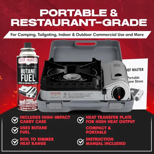 Vista 4 de Chef Master Estufa de campamento portátil de butano de 15,000 BTU + 4 recipientes de butano de 8 onzas Quemador portátil doble protector contra