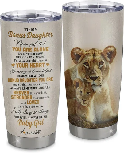 Vista 7 de Vaso de acero inoxidable personalizado con texto en inglés «To My Bonus Daughter From Stepmom», vaso curvado de 20 onzas con diseño de girasol