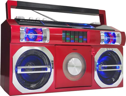 Vista 5 de Studebaker SB2145R Boombox Bluetooth de calle retro de los 80 con radio FM, reproductor de CD, LED EQ, 10 Watts RMS de potencia y AC/DC en rojo