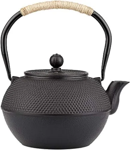 Vista 11 de Juego de tetera de hierro fundido YJX, Tetsubin japonés, tetera de 40.6 oz para estufa, tetera negra con infusor de acero inoxidable para té