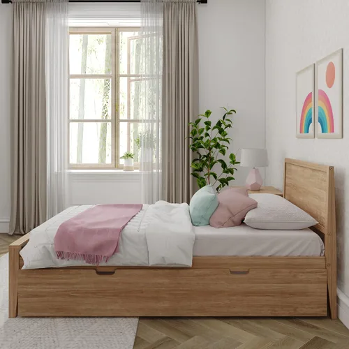 Vista 2 de Max & Lily Cama individual con nido, marco de cama individual de madera maciza con cabecera de panel, cama individual para niños con soporte de Nuez