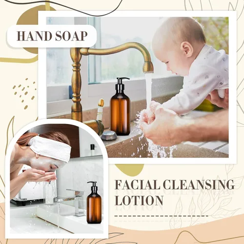 Vista 3 de Tessco para ti Paquete de 12 Botellas de Bomba de Dispensador de Jabón de Plástico Vacío Ámbar, Dispensador Recargable, Contenedor de Champú