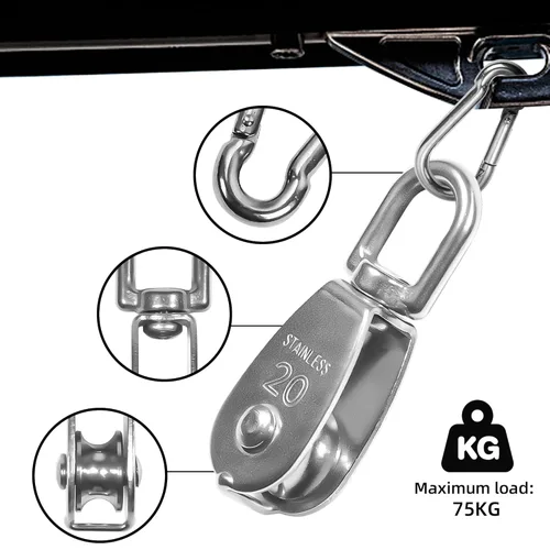 Vista 4 de 10 poleas M20 de un solo bloque de polea 304 de acero inoxidable M20 para cuerda, polea individual pequeña con 10 ganchos de resorte a presión