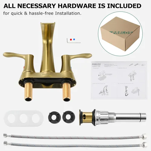 Vista 6 de PARLOS Grifo de baño de cascada de 2 manijas con drenaje emergente y líneas de suministro de grifo, oro cepillado, Demeter 1431708