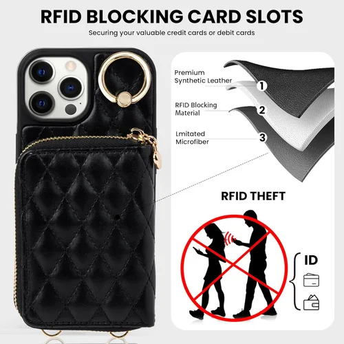 Vista 4 de Keallce Funda para iPhone 12 Pro/iPhone 12 de 6.1 pulgadas, cartera cruzada con cremallera para mujer, tarjetero con bloqueo RFID, funda de cuero