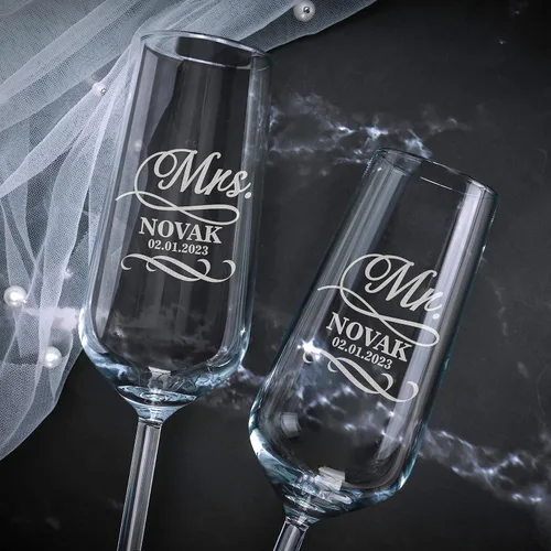 Copas de champán personalizadas para novia y novio, juego de 2, 9 diseños, copas de champán para compromiso con apellido y fecha, copas de champán