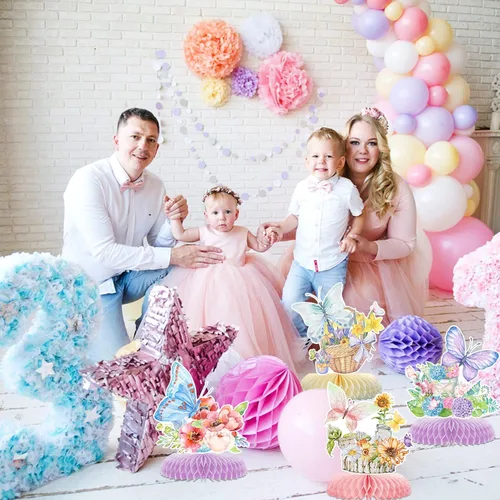 Vista 6 de 10 piezas de decoraciones de fiesta de mariposas, decoración de fiesta de primavera, rosa, morado, mariposa, centros de mesa, 3D, decoración