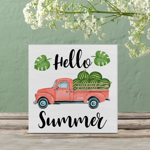 Vista 5 de Letrero de madera con texto en inglés «Hello Summer» de sandía, caja de madera para camión, bloques artísticos, decoración de escritorio, letreros