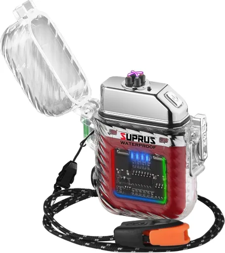 Vista 13 de SUPRUS Luminoso 3 modos de linterna resistente al viento, impermeable, encendedor eléctrico recargable de plasma de doble arco con silbato de Negro
