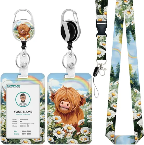 Soporte para tarjetas de identificación con cordón, cordones de vaca de las tierras altas para insignias de identificación, carretes de insignias