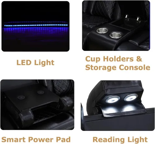 Vista 4 de Juego de Sofá Reclinable Eléctrico, Sofá Seccional de Cuero Negro de 3 Piezas, Juegos de Muebles de Sala de Estar con Luz LED, Juegos Reclinables