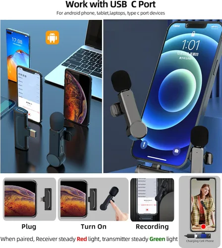 Vista 4 de NPTCL Paquete de 2 micrófonos Lavalier USB C inalámbrico Lav Mic para teléfono Android Cancelación de ruido Mini micrófono de solapa tipo C