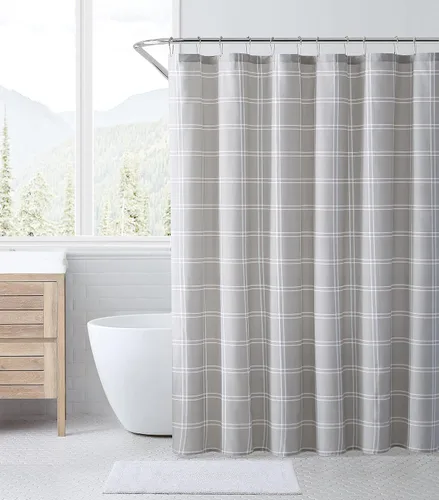 Vista 7 de Eddie Bauer - Cortina de ducha, decoración ligera de algodón para baño, parte superior con ojales (Cabin Plaid Verde, 72 x 72 pulgadas)