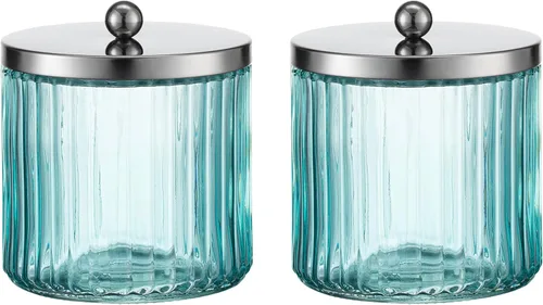 Vista 12 de KMwares Juego de 2 dispensadores de soporte Qtip de vidrio para bolas de algodón, hisopo, almohadillas redondas, palillos de hilo dental con tapa