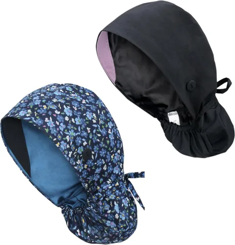 Gorra médica con forro de satén con bolsillo para cola de caballo, gorro de enfermera médica de algodón con banda elástica para el sudor