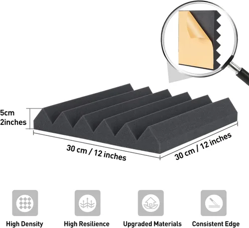 Vista 2 de Paquete de 12 paneles de espuma acústica autoadhesivos, paneles de espuma acústica de alta densidad de 12 x 12 x 2 pulgadas para paredes, paneles