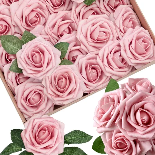 Vista 11 de 25 piezas Flores Artificiales de Espuma Rosas Falsas con Tallos 8 Hojas Rosas Sintéticas de Aspecto Real para Ramos de Boda Centros de Mesa de Negro
