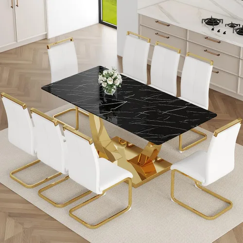Vista 45 de Juego de Mesa de Comedor Negra para 6, Mesa de Comedor de Mármol Falso de 71" para 6, Juego de Mesa de Cocina Rectangular con Sillas de Cuero PU