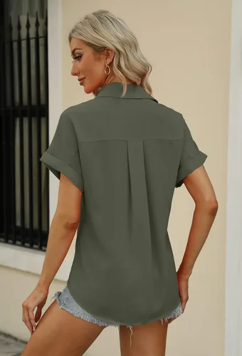 Vista 4 de Beautife - Camisa de manga corta para mujer, con cuello en V, botones y bolsillos