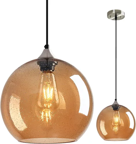 Vista 11 de Luces colgantes de vidrio marrón claro, lámpara colgante de globo de isla de cocina, lámparas colgantes modernas para dormitorio, sala de estar