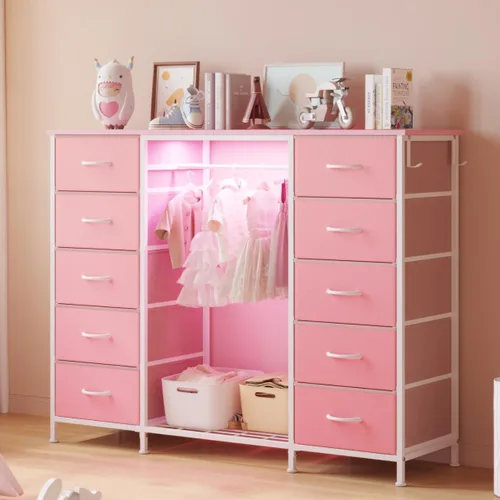 Vista 11 de LUMTOK Cómoda 2 en 1 de 55" de ancho con perchero colgante, cómoda de 10 cajones para dormitorio, cómodas con cajones de tela, luces LED, estación