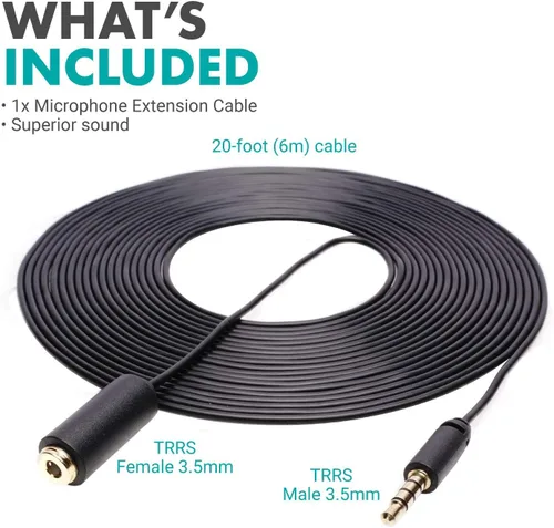 Vista 6 de Movo PM10EC6 - Cable de extensión de micrófono TRRS de 0.138 in de 20 pies, macho a hembra, cable auxiliar para iPhone, cable de extensión TRRS