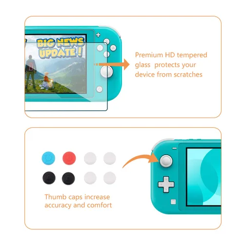 Vista 5 de Switch Accessories Kit 13in 1 for Nintendo Switch Lite with Hard Cover Case, Screen Protector Tempered Glass, Switch Joystick Caps Cleaning Wipe