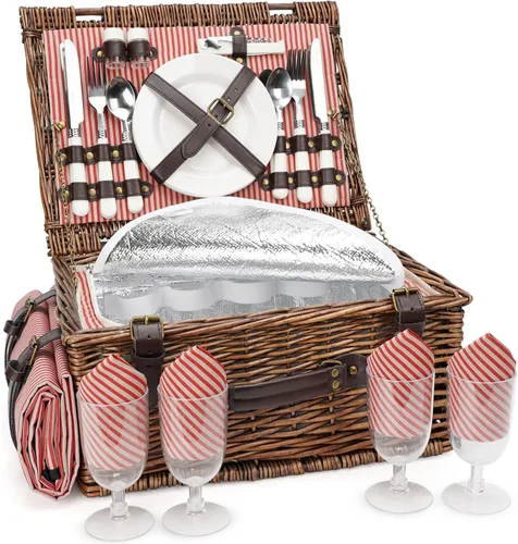 Vista 11 de Cesta de picnic de mimbre para 2 personas con manta de picnic impermeable, juego de picnic para 2 personas con alfombrilla de playa a prueba