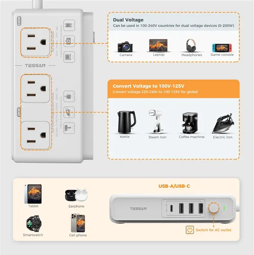 Vista 5 de TESSAN Adaptador de viaje universal con salida de CA dual (tipo C G A I) y convertidor de voltaje de 220 V a 110 V con 4 puertos USB (1 USB C), 3