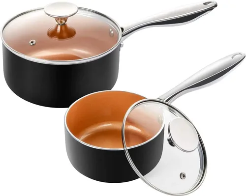 MICHELANGELO Juego de cacerola de 1 cuarto + 2 cuartos de galón con tapa, sartén de cobre ultra antiadherente con tapa, olla pequeña con tapa,