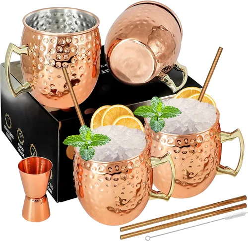 Moscow Mule - Juego de 4 tazas de cobre chapadas de 18 onzas con asa, tazas grandes de acero inoxidable martillado con doble jigger de 0.5 onzas,