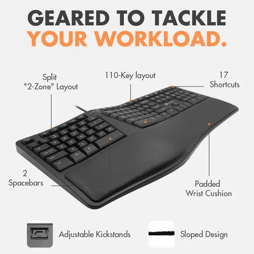 Vista 9 de Teclado Ergonómico con Cable X9 con Reposamuñecas Acolchado - Escribe Cómodamente por Más Tiempo - Teclado Dividido con Cable USB para Laptop, PC