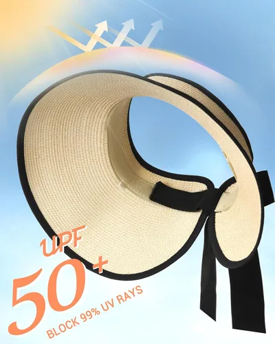 Vista 3 de Camptrace UPF 50+ Sun Visors for Women Wide Brim Beach Hat Foldable Straw Visor Hat Ponytail Summer Packable