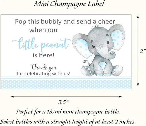 Vista 5 de Juego de 18 mini etiquetas de champán, baby shower, Baby Sprinkle, Blue Little Peanut Elephant M501-E-18