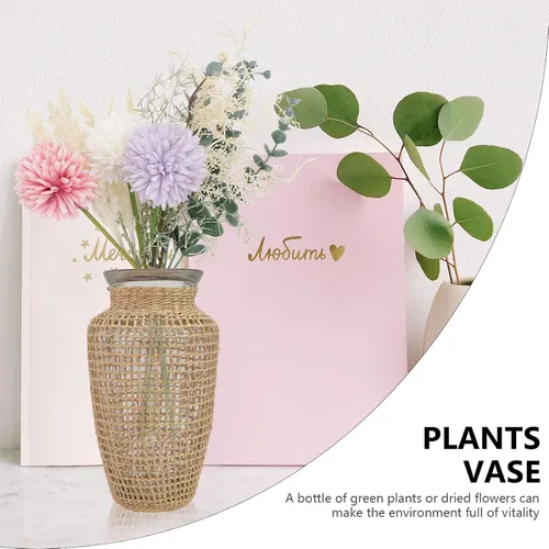 Vista 7 de Cabilock Jarrón de vidrio tejido estilo nórdico de 8.5 pulgadas de hierba marina hidropónica para plantas, jarrón decorativo de mimbre natural