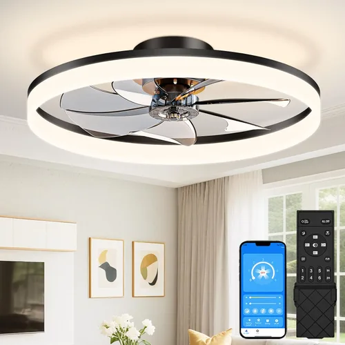 Vista 13 de VOLISUN Ventiladores de techo de perfil bajo con luces y control remoto, ventilador de techo enjaulado de 19.7 pulgadas, ventilador LED sin aspas