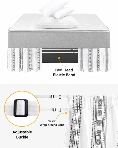 Vista 4 de Falda de cama bohemia tamaño King de 18 pulgadas de caída, ajustable y elástica, plisada, con volantes de lujo para cama individual, matrimonial