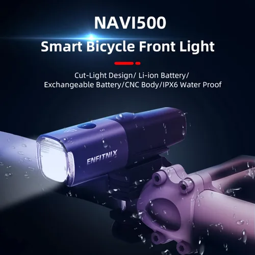 Vista 2 de Navi 500 Luz inteligente para bicicleta, encendido/apagado automático, 2450 mAh USB tipo C recargable lámpara delantera de bicicleta, 530 lúmenes