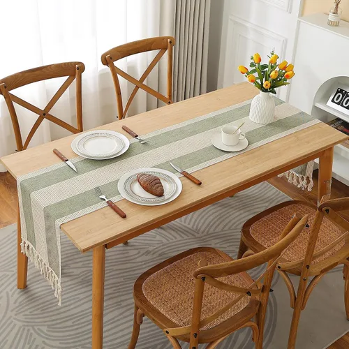 Vista 2 de Gernaice Camino de mesa de arpillera con borlas de 90 pulgadas de largo, estilo bohemio, a rayas anchas, camino de mesa de lino, accesorios de mesa