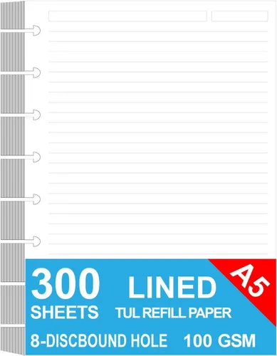 Vista 8 de Papel de repuesto para discos de tamaño junior, 8 discos, recambio de papel de arco rayado, 100 gsm, papel blanco de recambio de papel de disco, 100