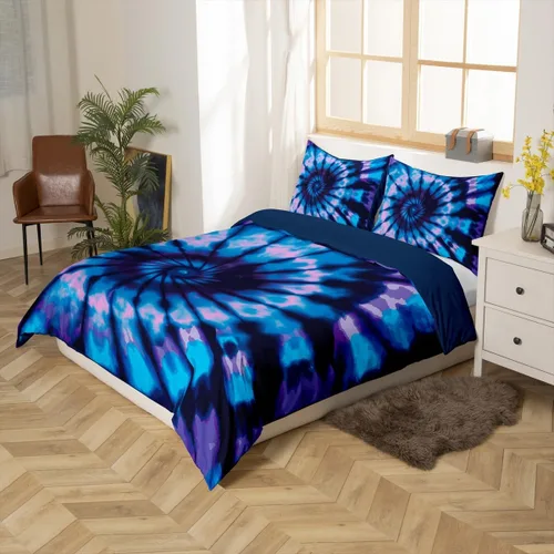 Vista 2 de Juegos de Funda de Edredón Hippie Tie Dye Tamaño Twin Azul Morado Tie Dye Espiral Funda de Edredón, Funda de Colcha Boho Bohemia Hippie Gitana
